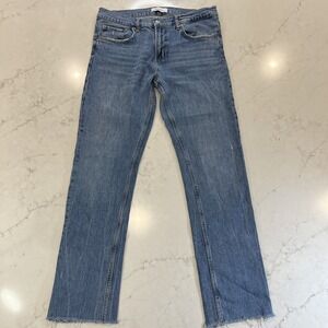 ZARA  WOMAN US 10  Premium Denim Jeans Distressed Straight Leg Raw Hem Mid RIse